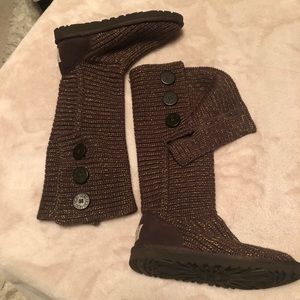 UGG Cardy Brown Gold Metallic Crocheted Knit Boots Excellent Condition  - 6